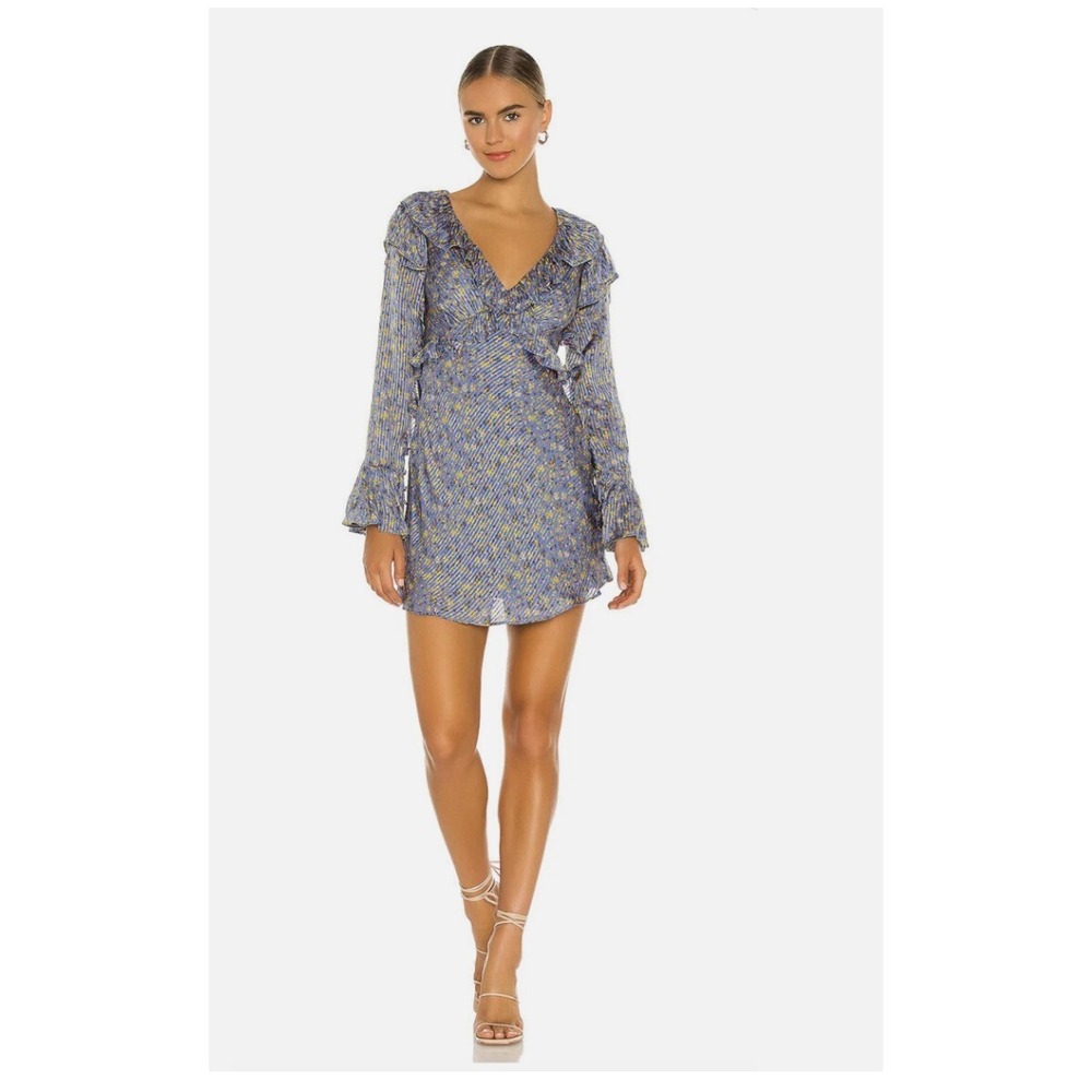 Free People Womens Blue‎ Floral Ruffle Mini Dress Size 8 Long Sleeve Ribbed